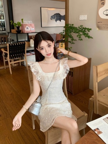 Real shot~ Summer new French lace embroidery ruffled waist slimming dress for women