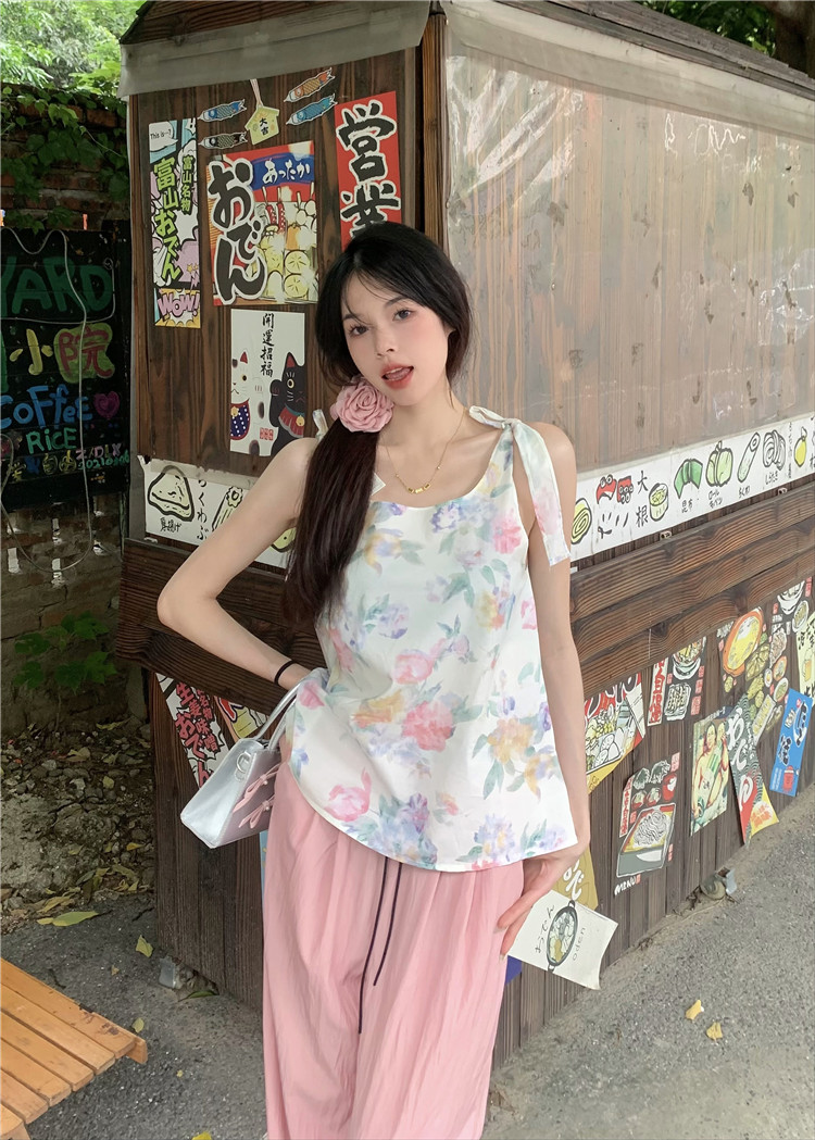 Actual shot of romantic Korean floral print strappy bow suspender top for women + high-waisted straight wide-leg pants