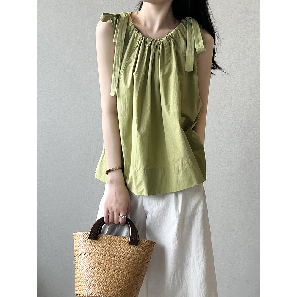 Real shot ~ French retro bow tie sleeveless vest for women 2024 summer sweet simple top