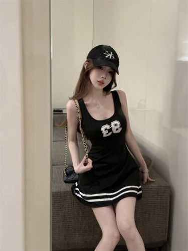 Hot girl sports casual daily outer wear niche digital print suspender dress versatile slimming A-line skirt