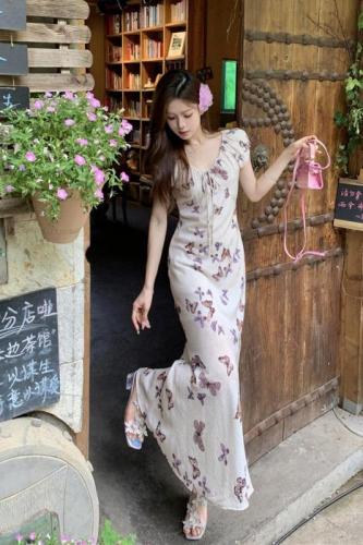 Real shot~Butterfly print dress for women summer 2024 new style French style slim design long skirt