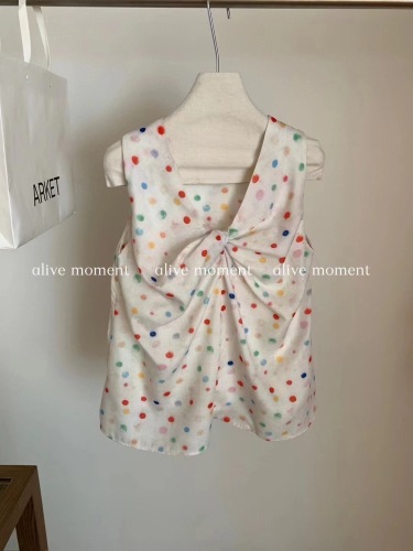 2024 Summer Dopamine Color Polka Dot Vest Knotted Vibrant Girly Top