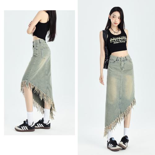 Irregular tassel denim skirt women's niche design tall American retro light color A-line long skirt