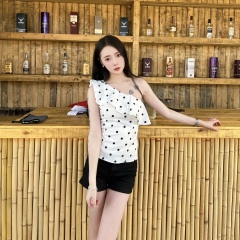 French ruffled polka dot slanted shoulder sleeveless vest for women summer slim design hot girl chic outer top