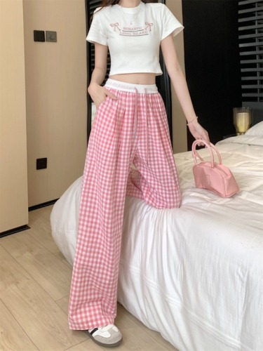 Pink plaid casual pants for women in summer, Korean style, slim, high-waisted, wide-leg pants, loose, floor-length pants for small people, trendy