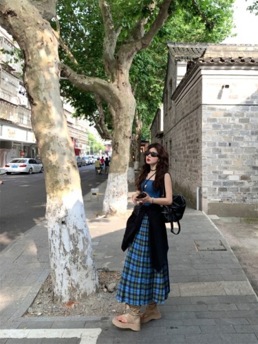 Actual shot#Reversible heavy industry retro plaid pleated college Japanese high waist mid-length skirt for women