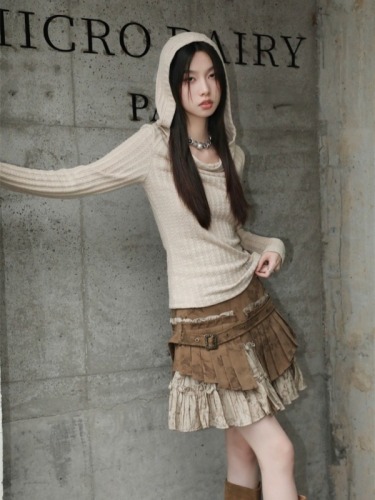 2024 Autumn Niche Design Retro Distressed Heavy Industry Decadent Feeling Fake Two-piece Pleated Skirt