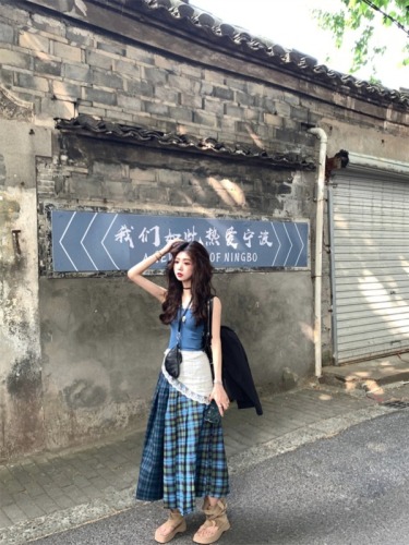 Actual shot#Reversible heavy industry retro plaid pleated college Japanese high waist mid-length skirt for women