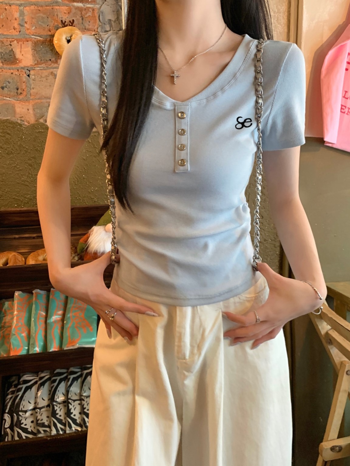 實拍 夏季韓版正肩紐扣設計感刺繡褶皺設計感百搭短袖T恤上衣
