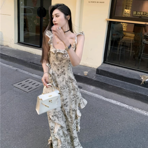 Gentle holiday style French high-end irregular floral suspender dress women's summer temperament slimming seaside long skirt