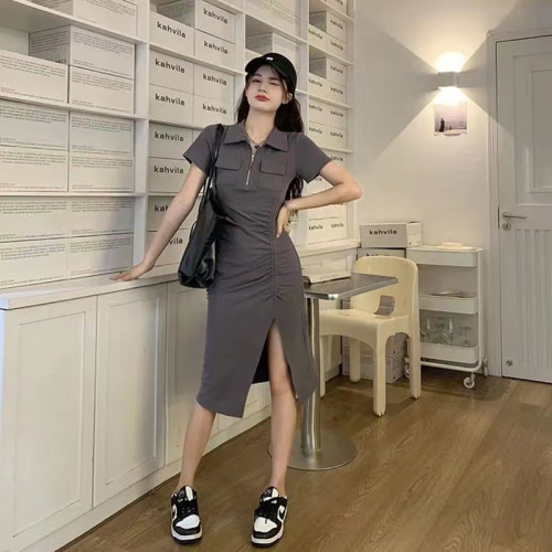 Pure lust style polo neck hot girl dress summer 2024 new slim side slit short-sleeved slim mid-length dress