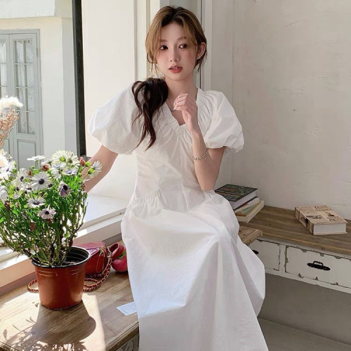 White French V-neck Puff Sleeve Dress for Women Summer New First Love Covers Flesh and Slims Pocket A-Line Over-the-Knee Long Skirt