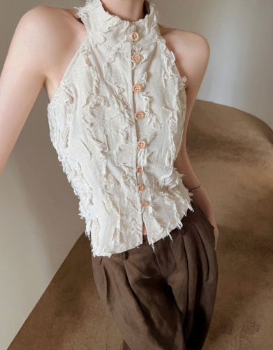 Actual shot of new Chinese style stand-up collar, off-shoulder, breasted, short, slim-fitting, ladylike fringed vest top for women