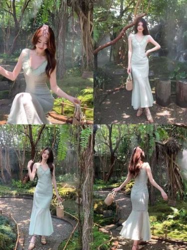 ICELOLLY niche design super nice green dress female summer temperament long skirt fairy super fairy style