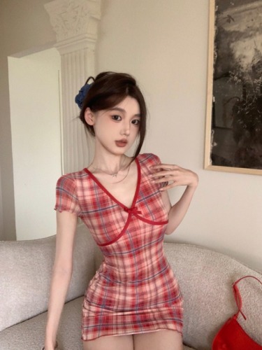 Real shot of red plaid mesh knitted dress for women 2024 summer new style