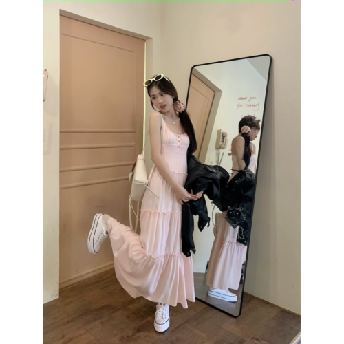 2024 summer pink suspender skirt for women spring and summer seaside white dress sweet cake long skirt waist skirt