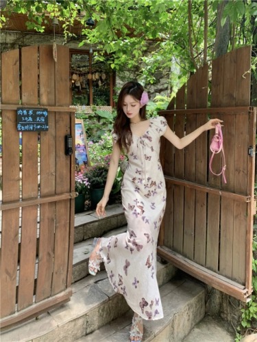 Real shot~Butterfly print dress for women summer 2024 new style French style slim design long skirt