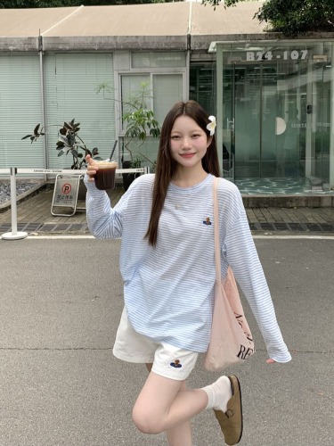 Actual shooting oxygen blue striped robe embroidery air-conditioned shirt casual set summer fresh salt system high-waisted shorts