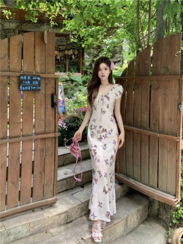 Real shot~Butterfly print dress for women summer 2024 new style French style slim design long skirt