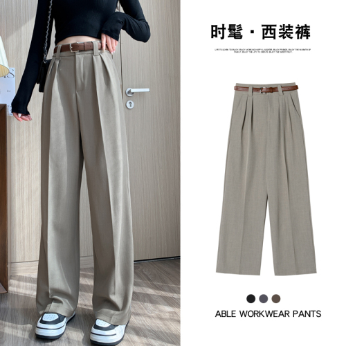 Video + Three Standards Retro Straight Casual Suit Pants Women's Simple Solid Color High Waisted Wide Leg Pants Trousers OL