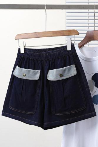 Actual shot of summer new large size loose elastic waist casual Tencel denim shorts fat MM wide legs slimming western style hot pants