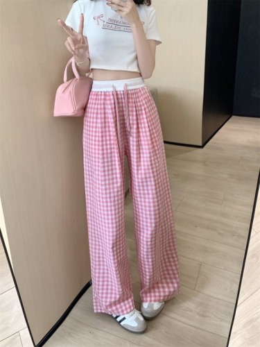 Pink plaid casual pants for women in summer, Korean style, slim, high-waisted, wide-leg pants, loose, floor-length pants for small people, trendy