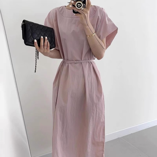 Korean chic summer new retro age-reducing round tie waist slimming long solid color short-sleeved dress for women