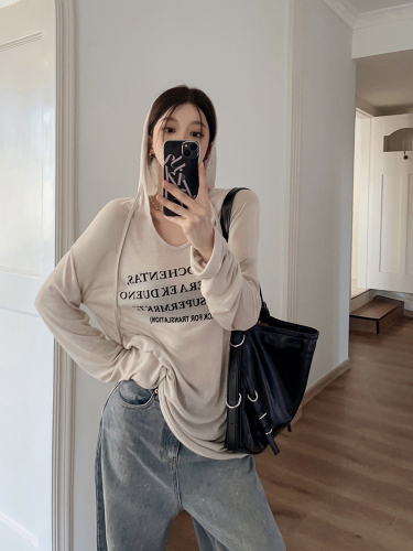 Actual shot of 2024 new summer letter printed hooded sunscreen long-sleeved T-shirt women's loose top