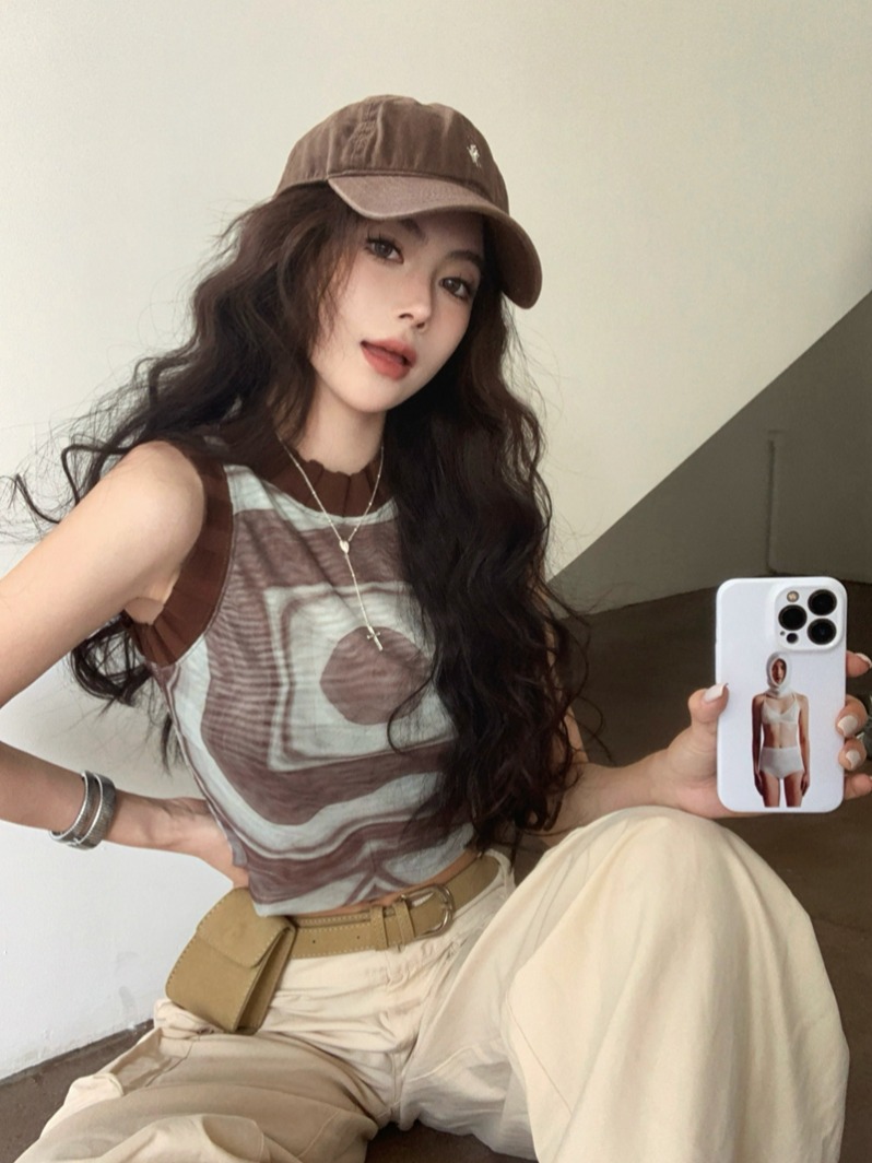 Real shot of summer hot girl style thin double-layer mesh tie-dye slim vest for women sleeveless short contrast top