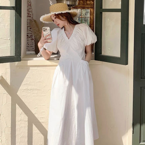 White French V-neck Puff Sleeve Dress for Women Summer New First Love Covers Flesh and Slims Pocket A-Line Over-the-Knee Long Skirt