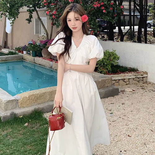 White French V-neck Puff Sleeve Dress for Women Summer New First Love Covers Flesh and Slims Pocket A-Line Over-the-Knee Long Skirt