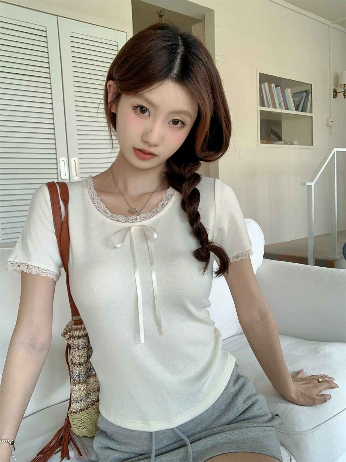 實拍 夏季韓版修身甜美蕾絲拼接提花設計感短袖T恤上衣女