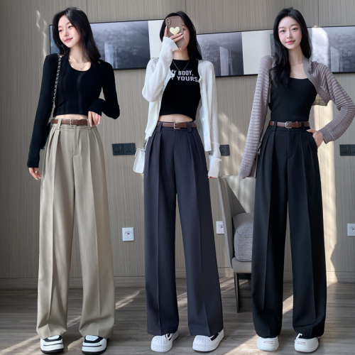 Video + Three Standards Retro Straight Casual Suit Pants Women's Simple Solid Color High Waisted Wide Leg Pants Trousers OL