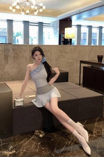 Real shot ~ Romantic light blue lace sloping shoulders sweet and spicy slim ballet style suspender skirt suit for women