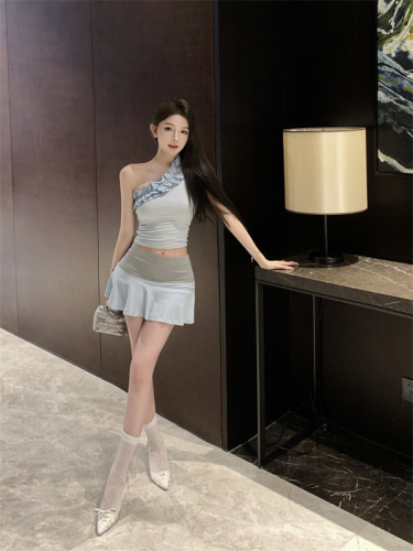 Real shot ~ Romantic light blue lace sloping shoulders sweet and spicy slim ballet style suspender skirt suit for women