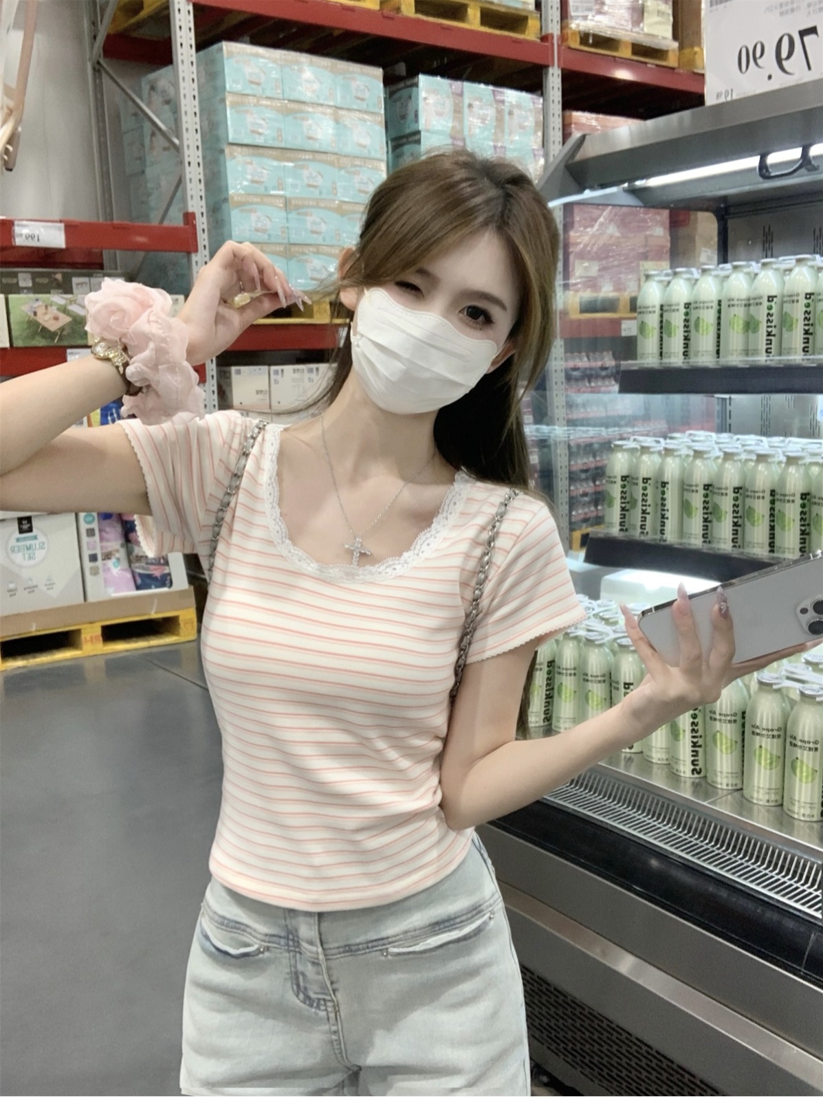 實拍 夏季韓版bmU領蕾絲拼接彩色條紋撞色百搭短袖T恤上衣女