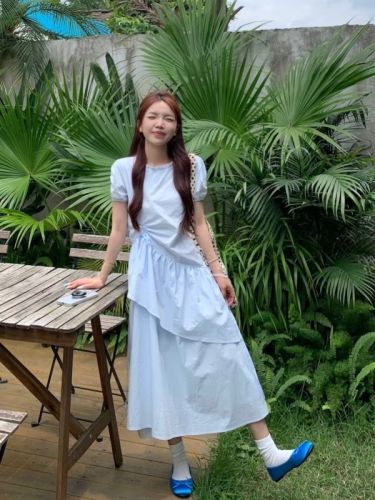 Real shot~Korean summer baby blue drawstring cake mid-length dress~