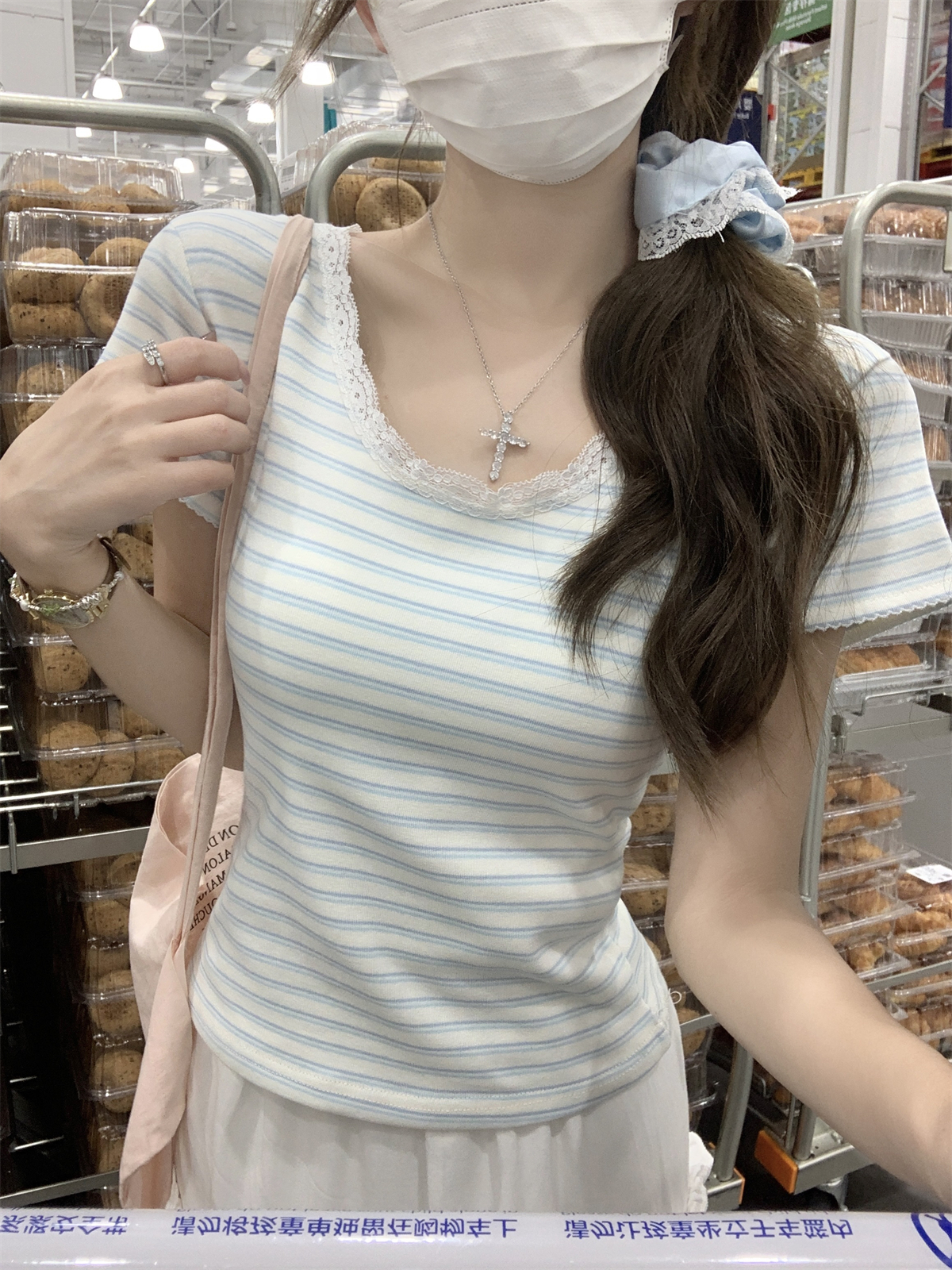 實拍 夏季韓版bm正肩U領蕾絲拼接彩色條紋撞色短袖T恤上衣女