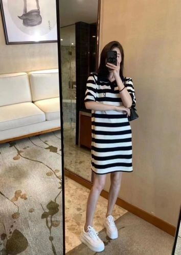 Tmall quality knitted dress women's summer loose slimming lapel mid-length casual striped short sleeves