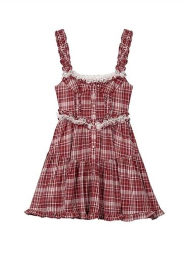 French retro ballet style lace patchwork waist red plaid suspender skirt for sweet girls and petite girls