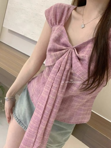 AS OFFICIAL recommends new summer atmosphere design flying sleeve plaid strap small shirt vest for women