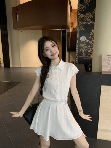 Real shot~ College style design waist slimming strap shirt dress female first love white short skirt summer