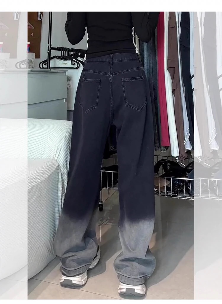 Vintage Black Gradient Embroidered Denim Jeans for Kids (Boys & Girls) - 2024 New Summer Thin Wide-Leg Floor-Length Pants