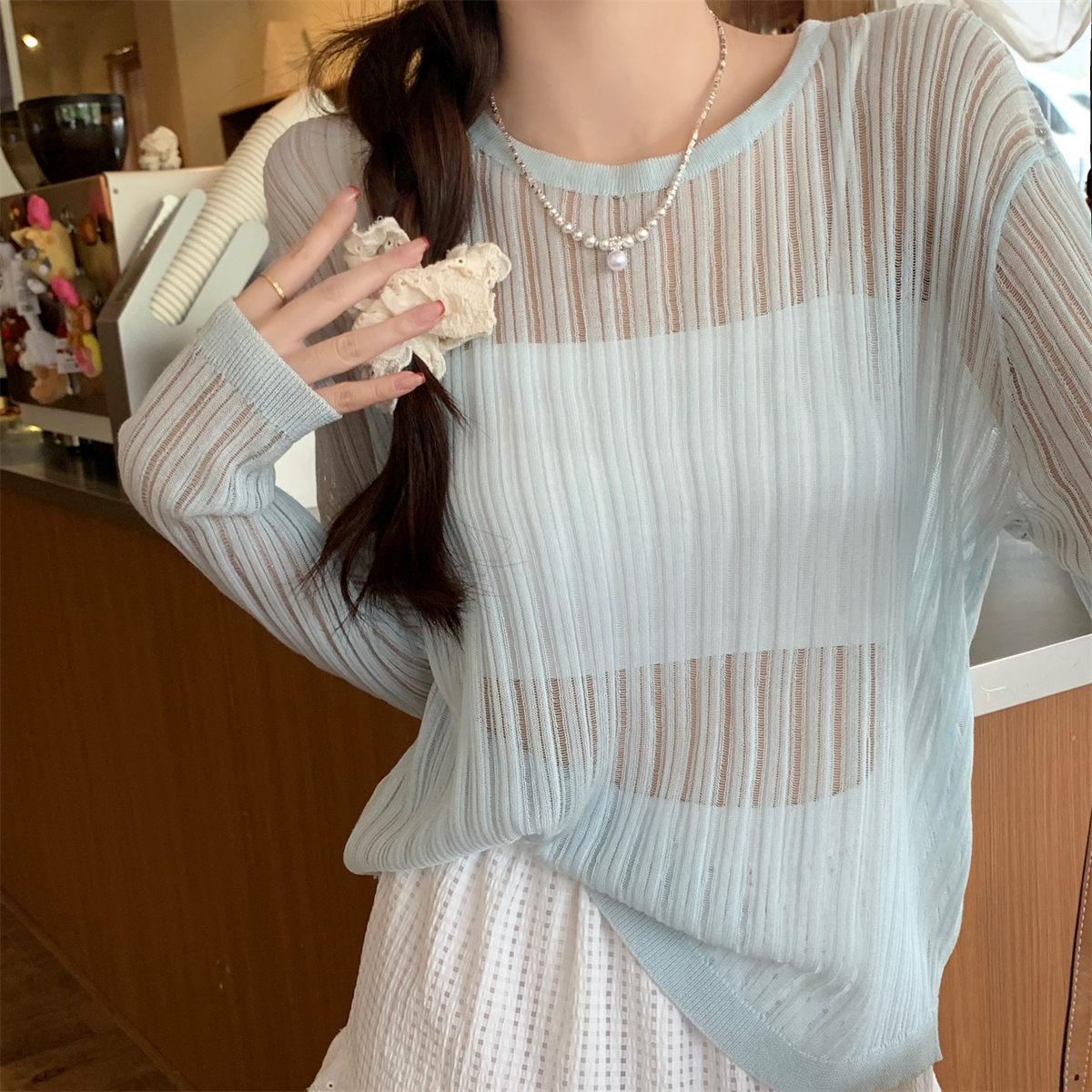Actual shot of summer Korean style loose temperament versatile hollow thin sun protection cover-up long-sleeved knitted top for women