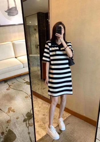 Tmall quality knitted dress women's summer loose slimming lapel mid-length casual striped short sleeves