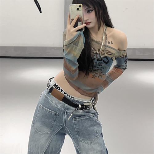 Mesh digital sweet hottie sexy long-sleeved T-shirt women's summer new slim fit trendy navel-baring outer top