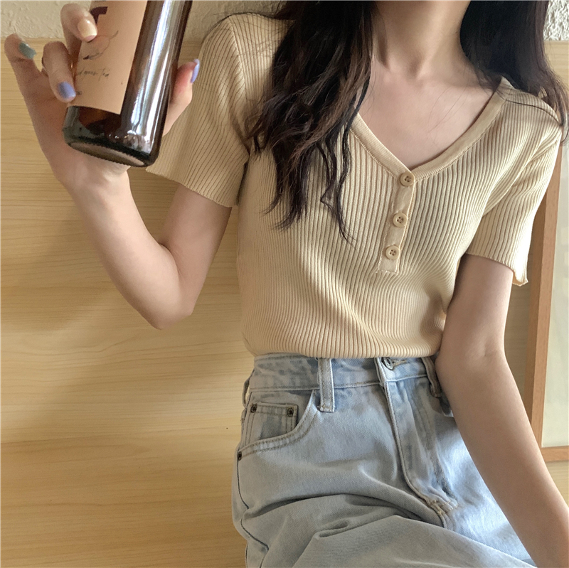 實拍 真 韓版夏季純色短袖V領針織衫修身百搭上衣t恤女