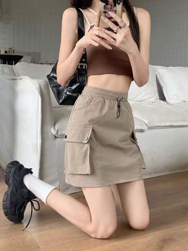 Cool Hot Girl American Retro Drawstring High Waist Workwear Style A-Line Skirt Women's Summer Slimming Anti-Exposed Short Skirt