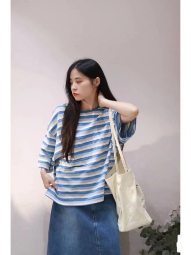 Loose bamboo cotton summery contrast striped short-sleeved T-shirt