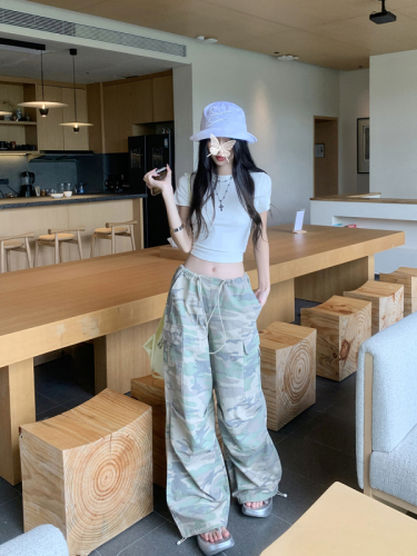 Actual shot ~ Elastic elastic waist, casual and personalized American camouflage drawstring trousers, loose leg-tie wide-leg trousers